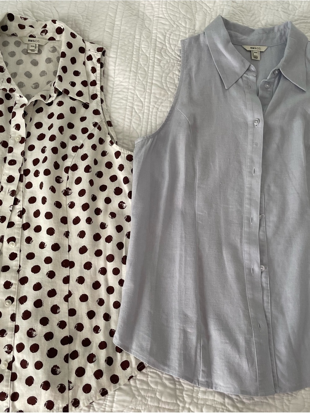 RW&CO. Sleeveless Button-Front Tops — Light Blue & White with Brown Polka Dot